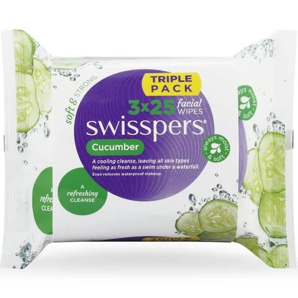 Swisspers Cucumber Refreshing Facial Cleansing Wipes - 3 x 25 Pack