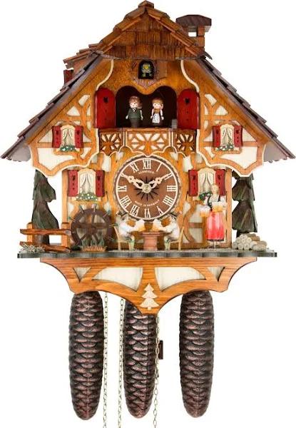 Cuckoo Clock Black Forest House with Moving Beer Drinkers and Mill Wheel