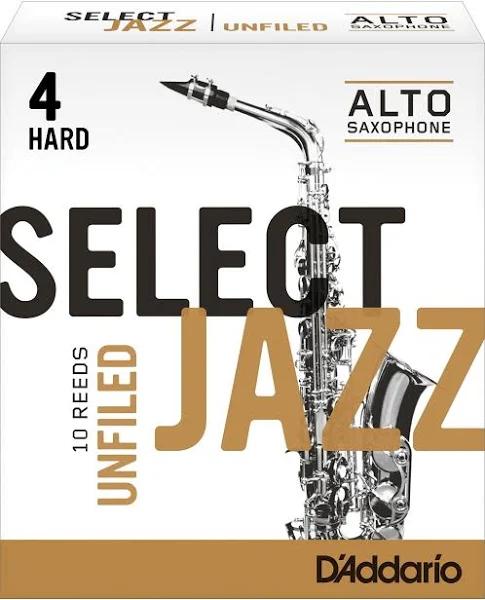 D'Addario Select Jazz Unfiled Alto Saxophone Reeds, Strength 4 Hard, 10-Pack