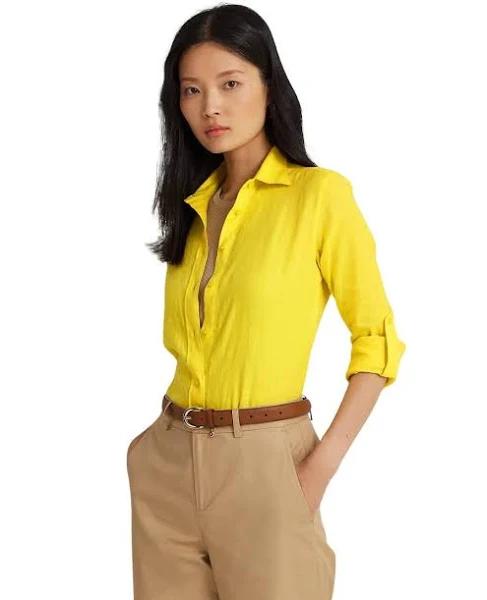 Lauren Ralph Lauren Relaxed Fit Linen Roll Tab-Sleeve Shirt in Yellow XS