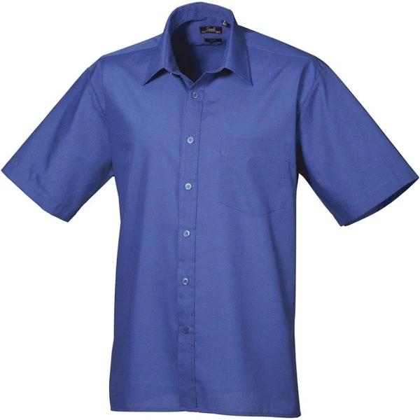 Premier Mens Short Sleeve Formal Poplin Plain Work Shirt Royal Poplin Shirt