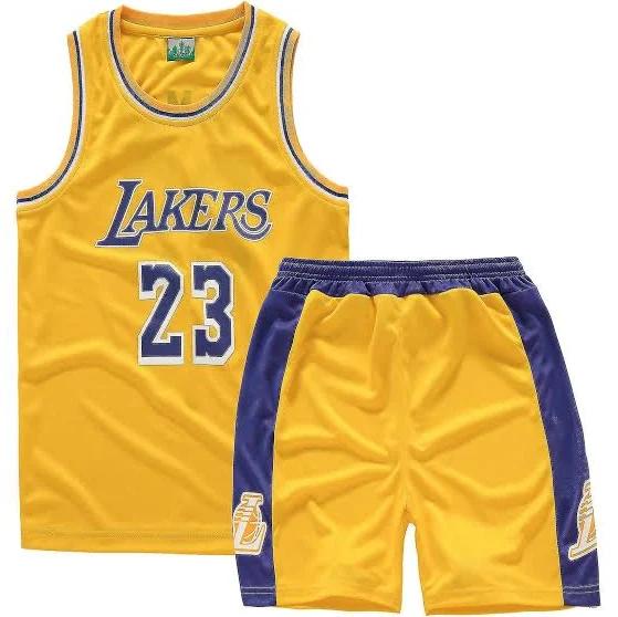 Lakers #23 LeBron James Jersey No.23 Children Basketball Uniform Set Kids - Yellow