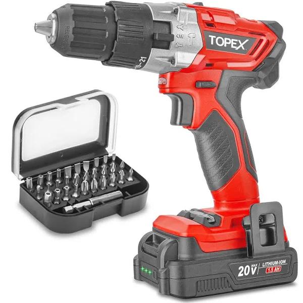 TOPEX 20V Max Cordless Hammer Drill w/ Li-ion Battery & Screwdriver Bit Set