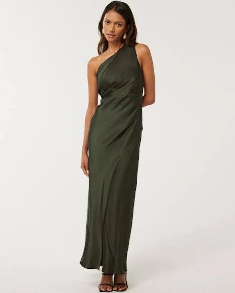 Forever New Emily Petite One Shoulder Maxi Dress in Olive, Size 4 AU