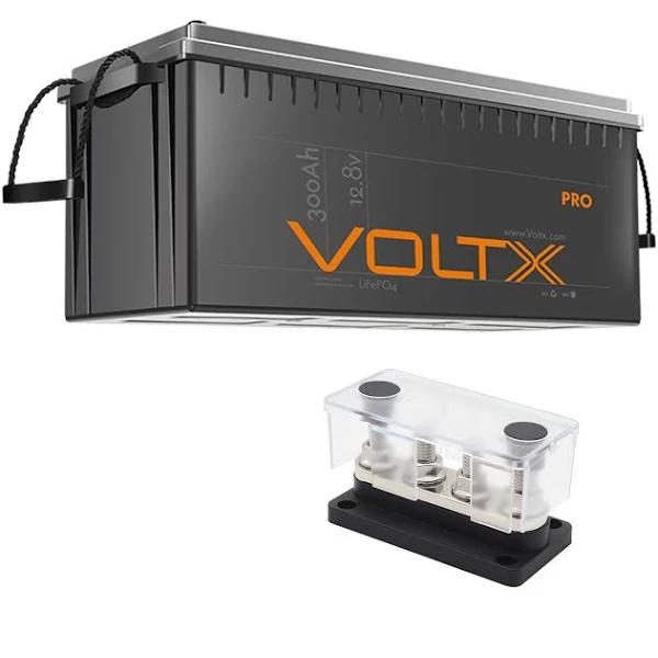 1* VoltX 12V 300Ah Lithium Iron Phosphate Battery LiFePO4 300A Battery Management System 1* 4 Gang 300A M8 Bus Bar Terminal Post Stud 12V Black