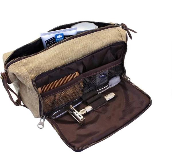 Dopp Kit Mens Toiletry Travel Bag YKK Zipper Canvas & Leather (Medium, Khaki - 3 Days shipping)