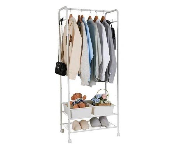 2 Tier Clothes Garment Rack Wire Shelving Stand with Double Side Hooks