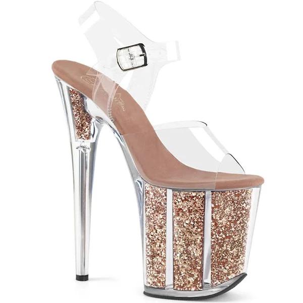 Pleaser FLAMINGO-808G Clear/Rose Gold Glitter Platform Sandal Size 6