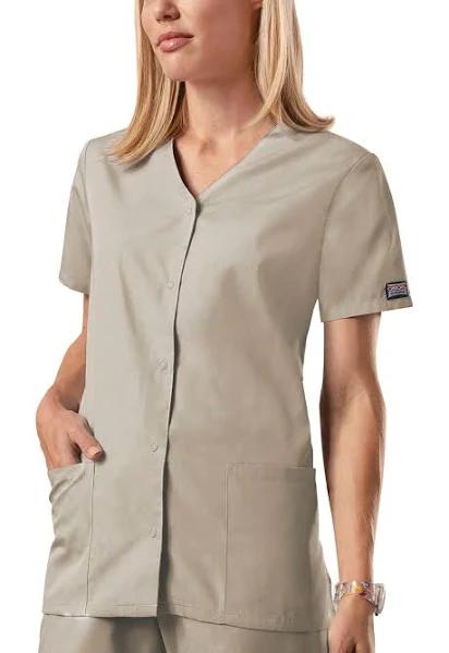 Cherokee Workwear 4770 Scrubs Top Womens Snap Front V-Neck Khaki