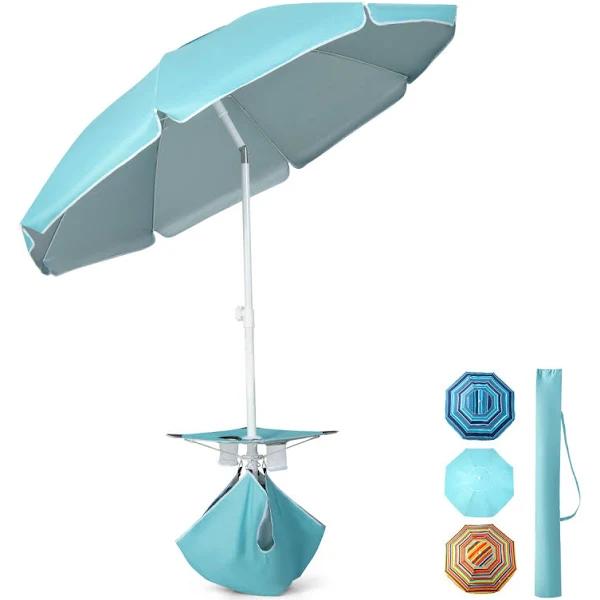 Costway 1.96m Beach Umbrella Outdoor Adjustable Sun Shade Parasol w/Cup Holder & Pocket, Blue