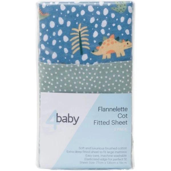 4Baby Flannel Cot Fitted Sheet Dinosnores 2 Pack