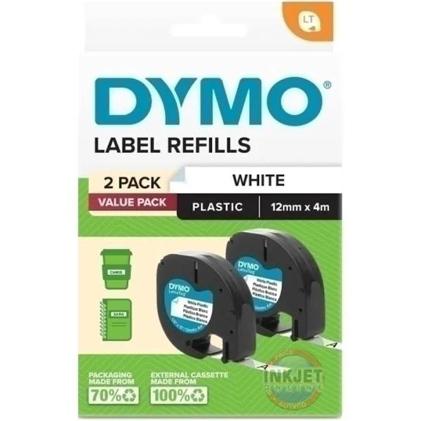 Dymo LetraTag 12mm x 4m Plastic Tape White - Pack 2