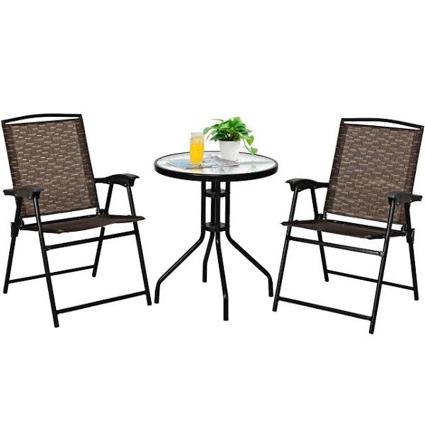 Costway 3pc Bistro Set Patio Table Chairs Outdoor Furniture Glass Folding Dining Chairs Cafe Garden Balcony