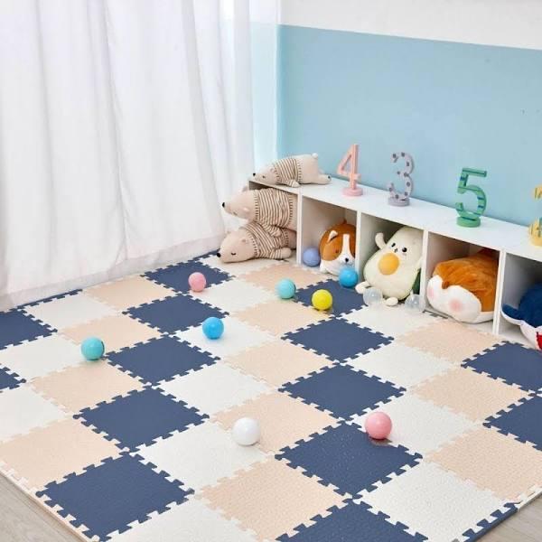 BabiesMart Baby Play Mat Soft Foam Mats For Playpens & playrooms Dark Blue + Cream + White / 52 Squares (13 Sheets) For 22 Panels Baby Playpen