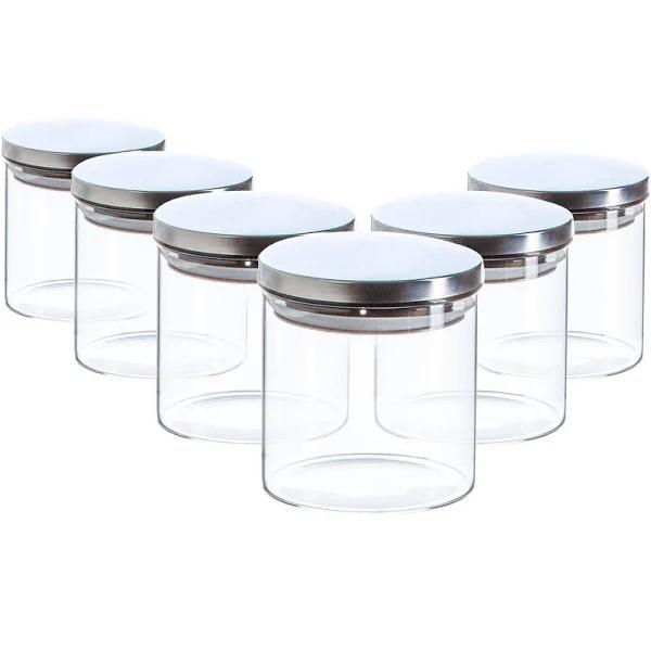 Argon Tableware Glass Storage Jars With Metal Lids - Modern Contemporary Kitchen Food Storage Canister - Silicone Seal - 550ml - Silver - Pack of 6