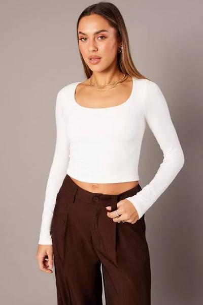 Ally Fashion White T Shirt Long Sleeve Seamless Scoop Neck - Size L, Women's T-Shirt