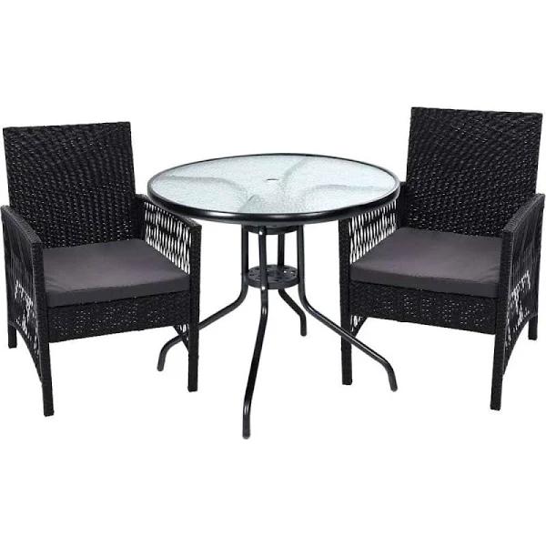 Gardeon Outdoor Furniture Dining Chairs Wicker Garden Patio Cushion Black 3pcs Tea Coffee Cafe Bar Set