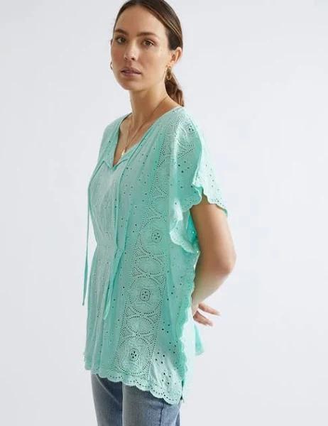 Katies Woven Broderie Lace Kaftan Style Top - Size 10 - Womens - Light Jade