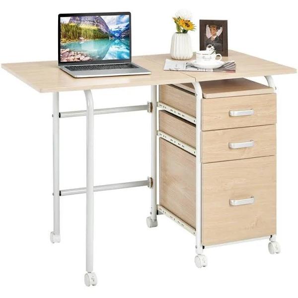 Giantex Rolling Computer Desk Folding Study Writing Table Home Office Desk Space Saver, Natural