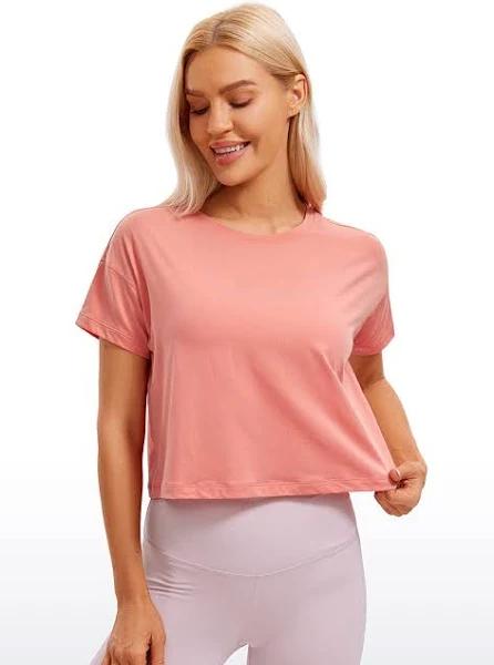 CRZ Yoga Women's Yoga Relaxed Fit Shirt Pima Cotton Crop Short Sleeves Peach Pink / XS