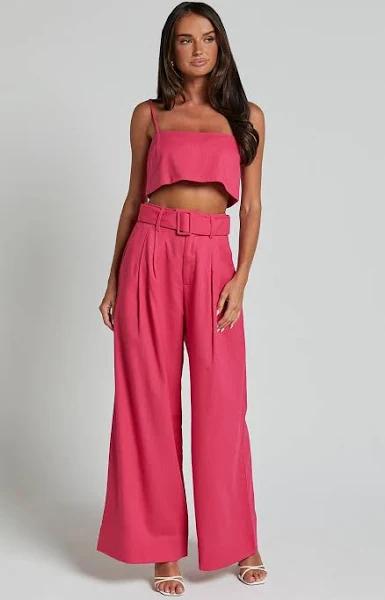 Thelma Two Piece Set - Linen Look Bandeau Crop Top and Belted Wide Leg Pants Set in Hot Pink