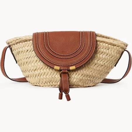 Chloé Small Marcie Leather & Raffia Crossbody Bag Tan