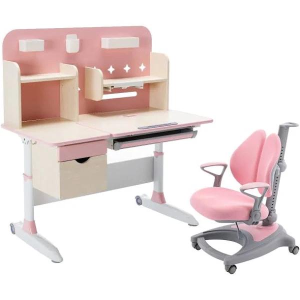 Children Kids Study Desk and Chair Set Height Adjustable Bookshelves Drawers Magnetic Backboard Pink