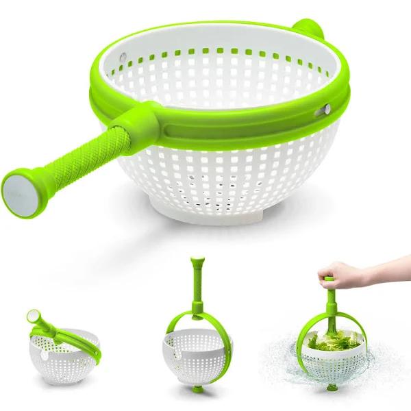 Dreamfarm Spina | Easy-to-use Salad Spinner | Non-Scratch, Nylon Spinning Colander | Lettuce Spinner | Colander With Collapsible Handle | White/Green