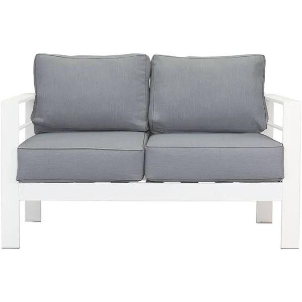 Paris 2 Seater White Aluminium Outdoor Sofa Lounge With Arms Grey Cushion - AfterPay & zipPay Available