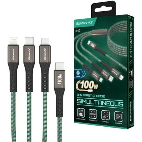 Elementz N4C 30cm Type-C To Type-C / Lightning / Mirco 3in1 Cable - ( Green )