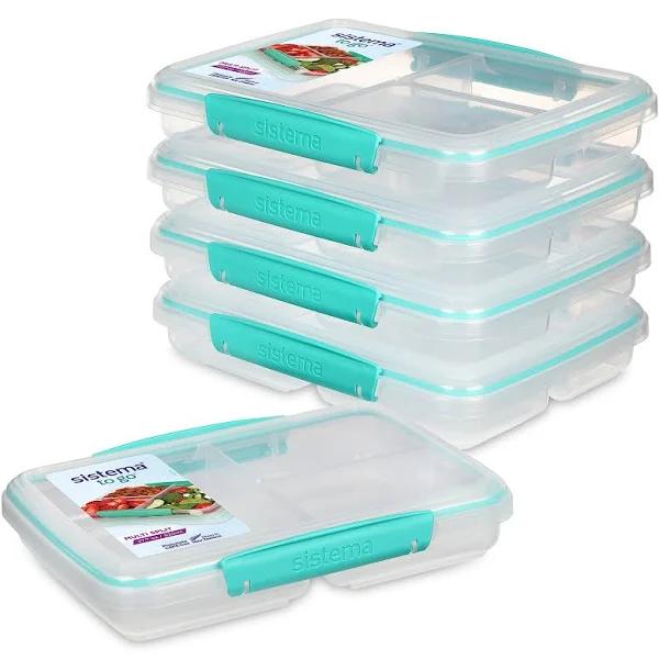 Sistema To Go Multi Split Meal and Food Prep Containers With Dividers and Clips, 820ml, BPA-Free, 5 Food Storage Containers, Green/Clear