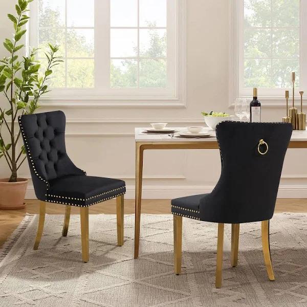 Set of 2 - Alsea Velvet & Polished Steel Dining Chairs Upholstered Tufted Stud Trim and Ring - 2 Colours