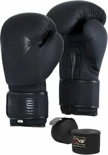 Evo Boxing Gloves with Hand Wraps for Men and Women with Leather Pro Gel for Muay Thai Kick Boxing Sparring Fighting & Training