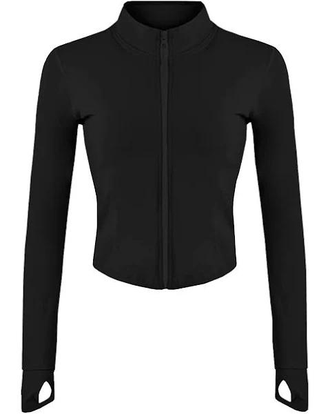 Gacaky Women's Lightweight Athletic Full Zip Seamless Workout Track Jacket with Thumb Holes Black Small