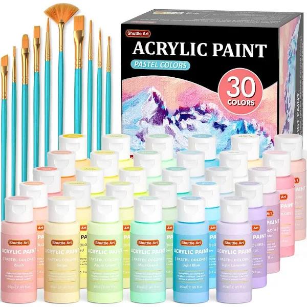 40 Pack Pastel Acrylic Paint Set, Shuttle Art 30 Colours Acrylic Paints with 10 Paint Brushes, 60ml/2oz Bottles, High Viscosity, Water-proof Paint