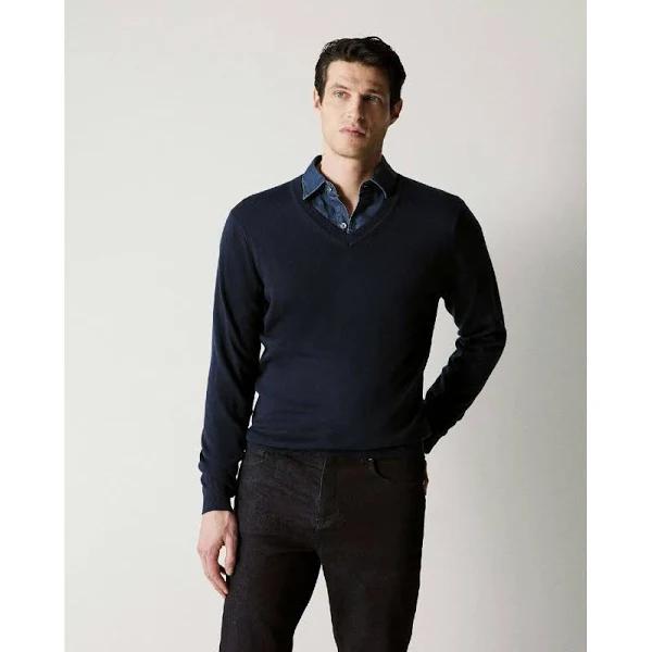 Trenery Men's Merino V Neck Knit in Small, Navy, Wool