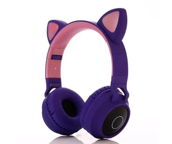 Cute Cat Ear Bluetooth 5.0 Headphones Foldable On-Ear Stereo Wireless Kids Headset Headphone-Purple