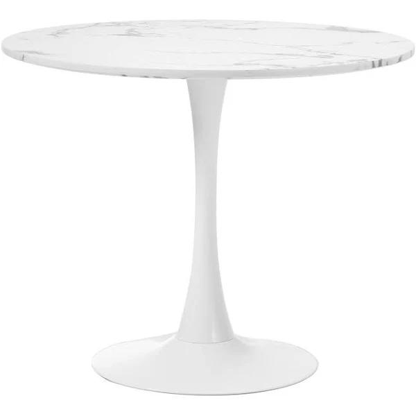 Oikiture 90cm Dining Table Kitchen Marble Tulip Round Metal Leg White