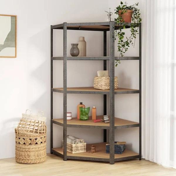 vidaXL 5-Layer Heavy-Duty Corner Shelf Grey Steel and Engineered Wood