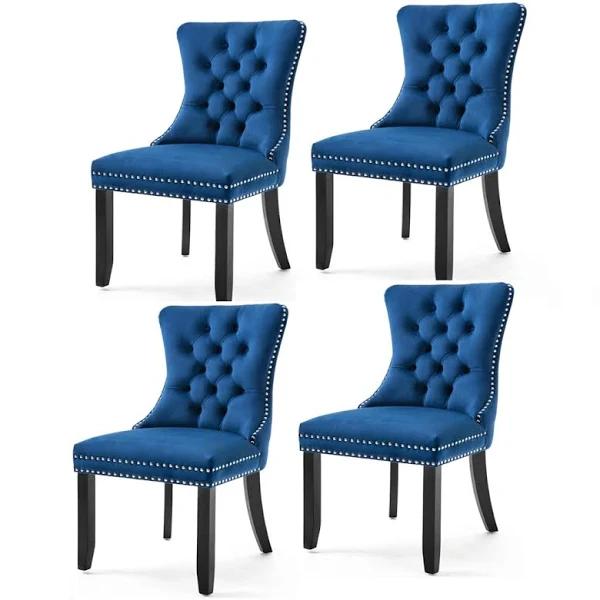 4x Velvet Dining Chairs Upholstered Tufted Kithcen Chair with Solid Wood Legs Stud Trim and Ring Blue