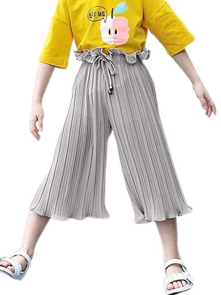 Lingjia Kids Girls Summer Palazzo Wide Leg Cropped Pleated Casual Loose Culottes Pants Gray 5-6 Years