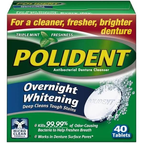 Polident Overnight Whitening Denture Cleanser Effervescent Tablets 40 Count