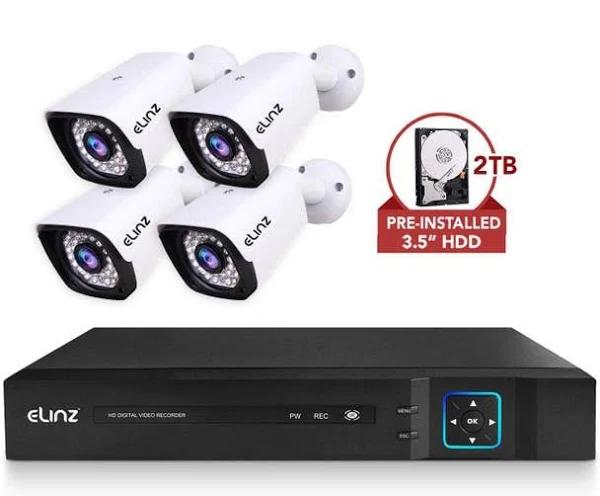 Elinz 4CH AHD 1080P HD Video & Audio Recording CCTV Surveillance DVR 4x Outdoor Bullet Security Camera System 2TB HDD