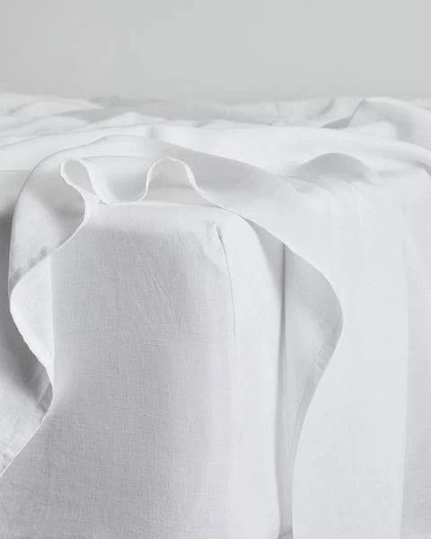 White 100% Flax Linen Fitted Sheet - King Single - Bed Threads