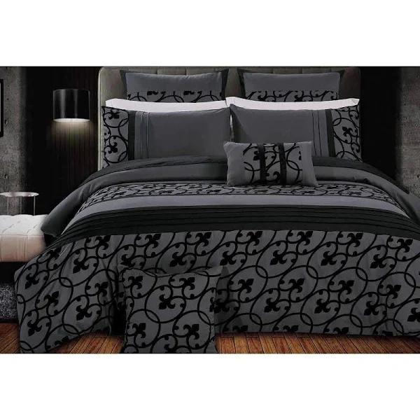 Queen Size Flocking Charcoal Black Quilt Cover Set (3pcs)