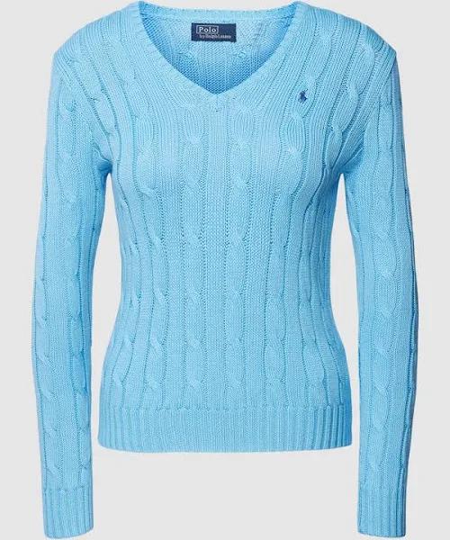 Polo Ralph Lauren Icon Logo V-Neck Cotton Cable Knit Jumper in Light Blue