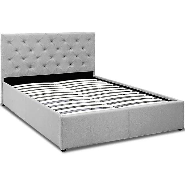 Bed Frame with Headboard, Gas Lift, Fabric, Grey, Double