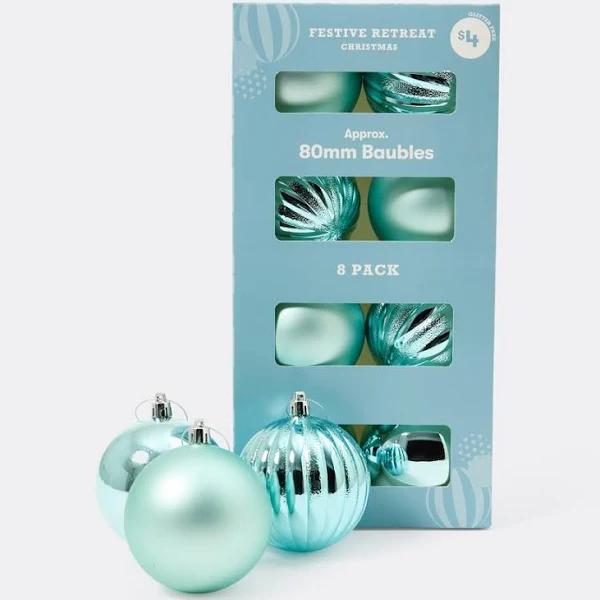 Festive Retreat Christmas Baubles Aqua 8 Pack 80mm