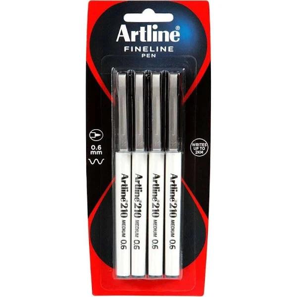 Artline 4pc Fineline 210 Medium 0.6mm Line School Drawing Writing Pen Black