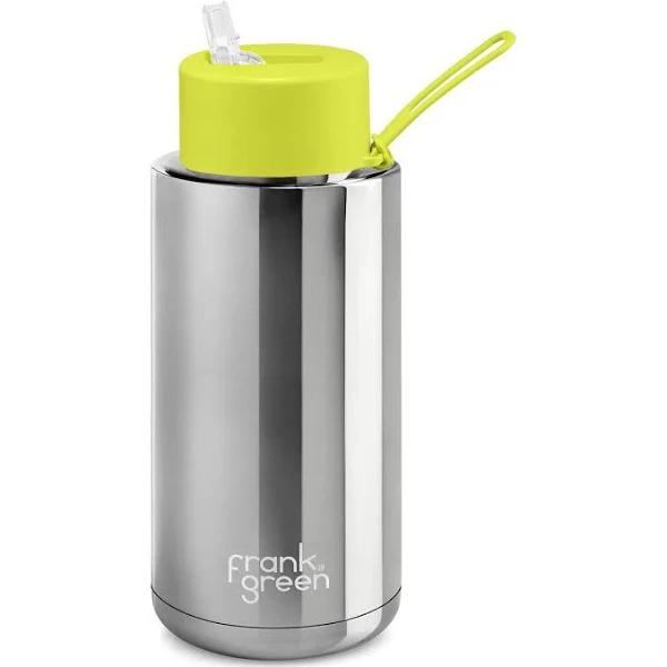 Frank Green Chrome Silver Ceramic Reusable Bottle With Straw Lid Neon Yellow